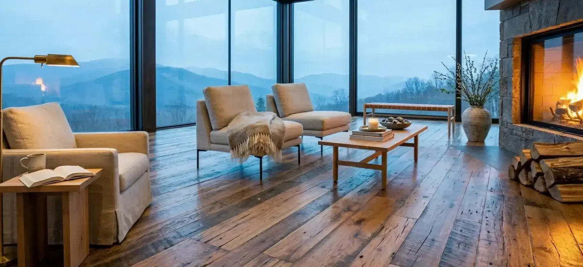 Reclaimed oak wide plank flooring in a luxury modern mountain living room with scenic window views.