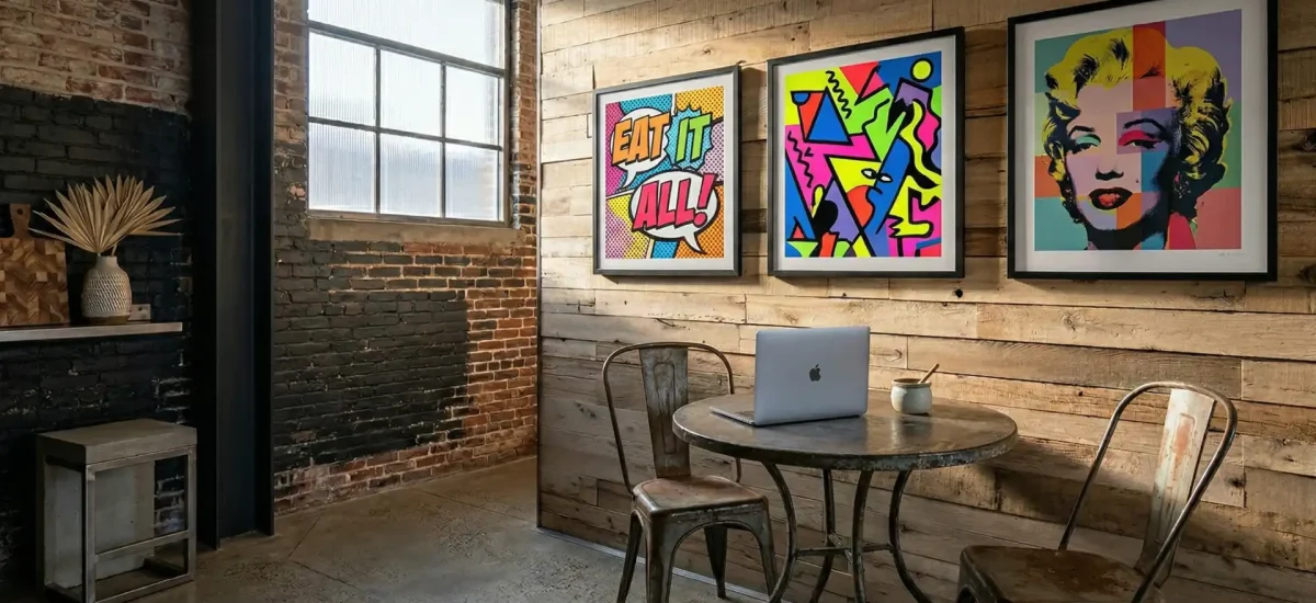 A creative office workspace pairing exposed brick with reclaimed oak wall planks. Sunlight streams across the textured wood cladding, highlighting two vibrant pop-art prints above a small meeting table.