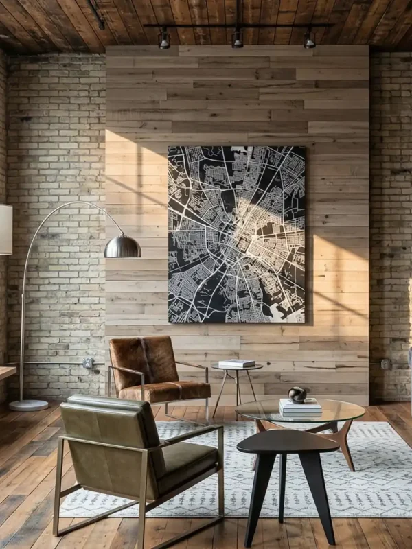Expansive floor-to-ceiling oak accent wall in a luxury industrial loft living room. Large windows illuminate the clean, precision-milled lines of the antique beam-sawn wood behind contemporary furniture.