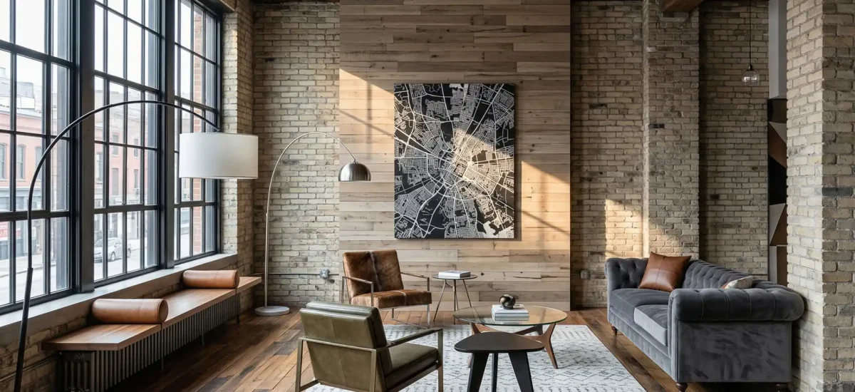 Expansive floor-to-ceiling oak accent wall in a luxury industrial loft living room. Large windows illuminate the clean, precision-milled lines of the antique beam-sawn wood behind contemporary furniture.