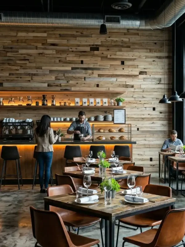 Commercial hospitality design showcasing expansive reclaimed oak wall cladding in a bustling modern cafe and restaurant. The honey-brown timber adds visual warmth and natural texture behind the dining area and coffee bar.