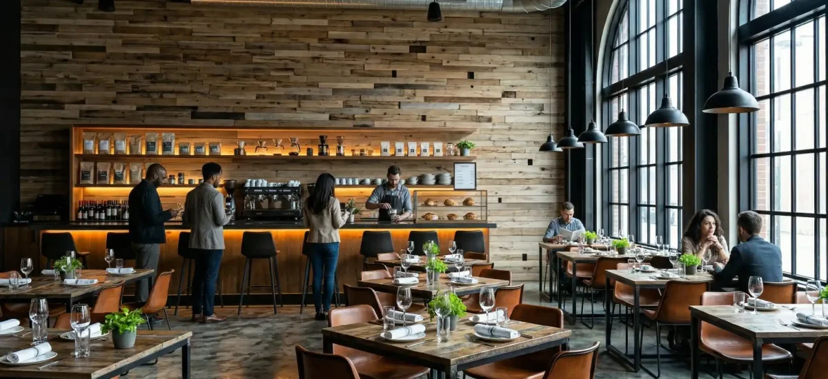 Commercial hospitality design showcasing expansive reclaimed oak wall cladding in a bustling modern cafe and restaurant. The honey-brown timber adds visual warmth and natural texture behind the dining area and coffee bar.