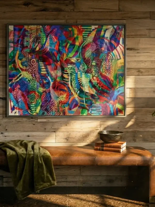 A sunlit entryway accent wall utilizing warm brown reclaimed oak wall planks. The horizontal beam-sawn texture provides an organic modern backdrop for a vibrant abstract painting and a leather bench.