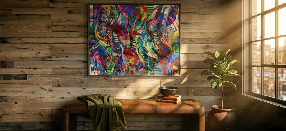 A sunlit entryway accent wall utilizing warm brown reclaimed oak wall planks. The horizontal beam-sawn texture provides an organic modern backdrop for a vibrant abstract painting and a leather bench.