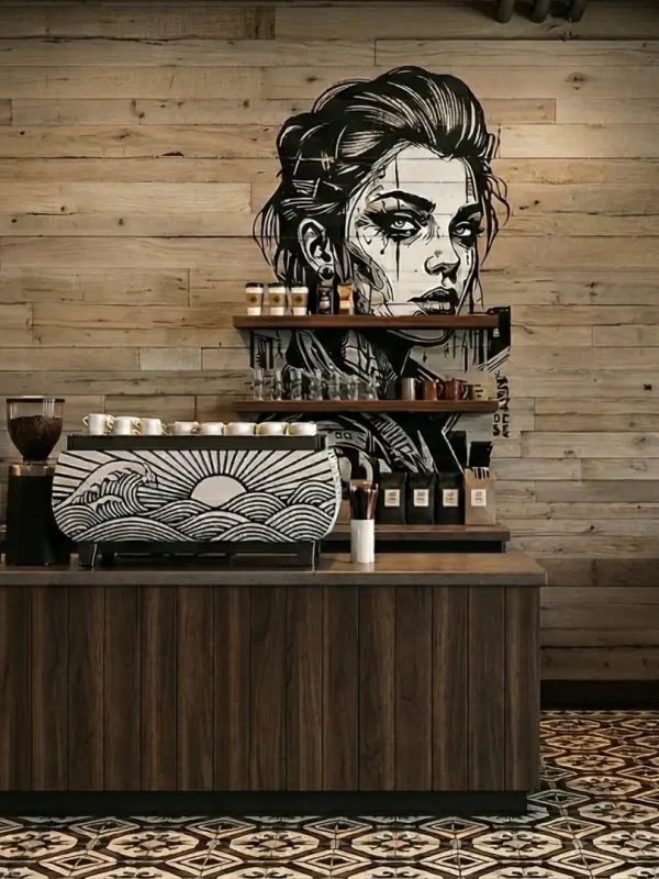Espresso station in a boutique coffee shop featuring antique oak wall paneling as a creative backdrop. Bold graphic art is displayed over the horizontal wood planks, blending urban industrial and organic textures.