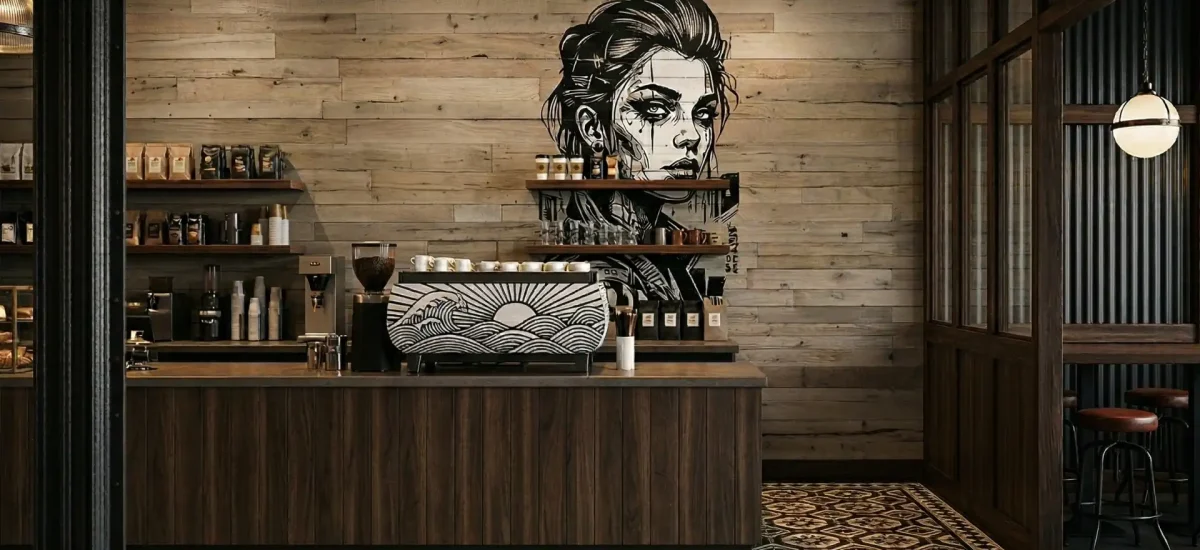 Espresso station in a boutique coffee shop featuring antique oak wall paneling as a creative backdrop. Bold graphic art is displayed over the horizontal wood planks, blending urban industrial and organic textures.