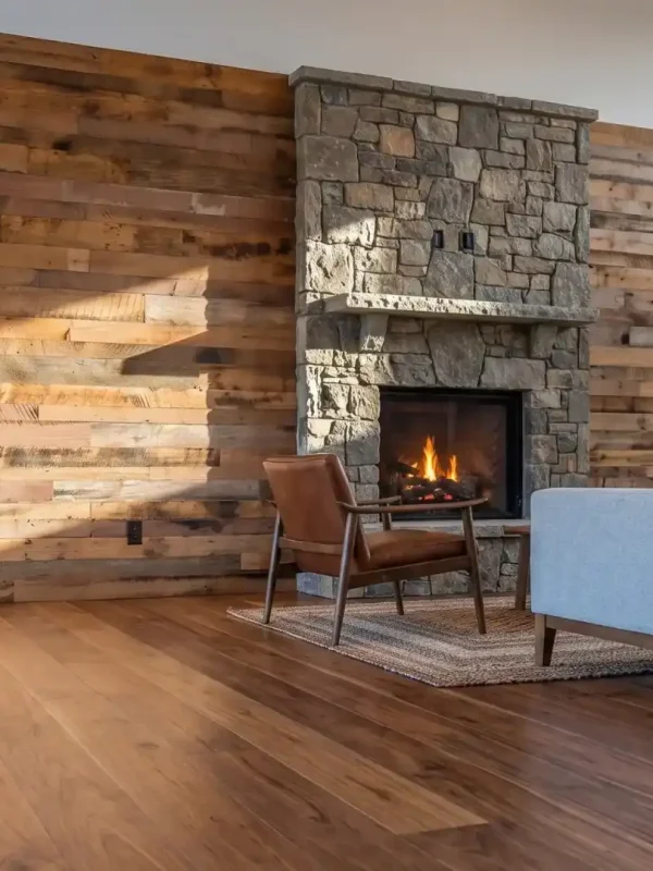 Skip planed barn wood planks framing a stone fireplace in a sunlit modern rustic living room.