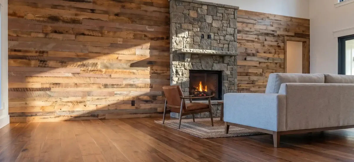 Skip planed barn wood planks framing a stone fireplace in a sunlit modern rustic living room.