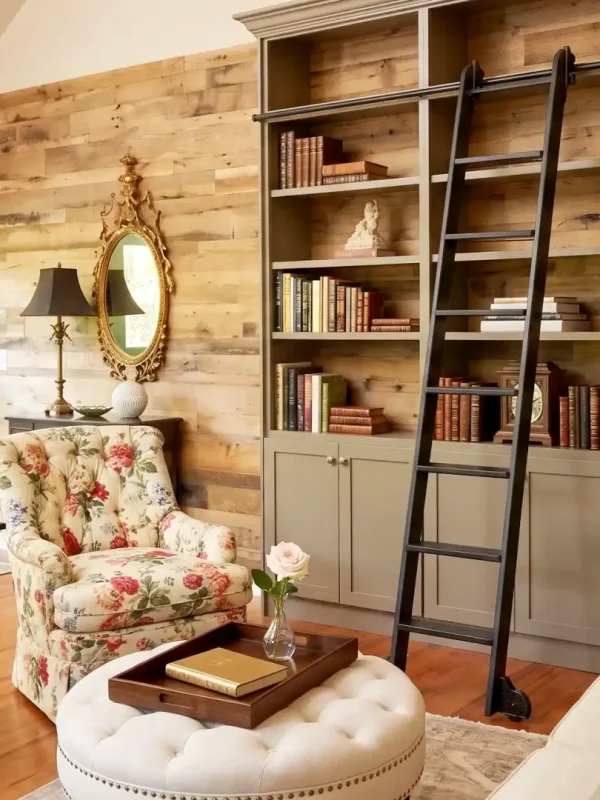 Skip planed reclaimed wood wall planks used as a backdrop for a built-in bookcase in a cozy study.