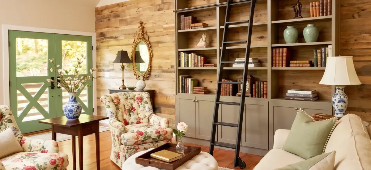 Skip planed reclaimed wood wall planks used as a backdrop for a built-in bookcase in a cozy study.