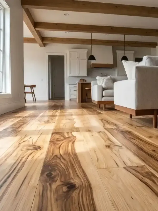 Rustic Hickory flooring in a sunlit open-concept home, highlighting bold knots and light sapwood color variation.