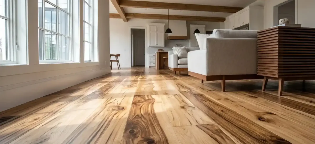 Rustic Hickory flooring in a sunlit open-concept home, highlighting bold knots and light sapwood color variation.