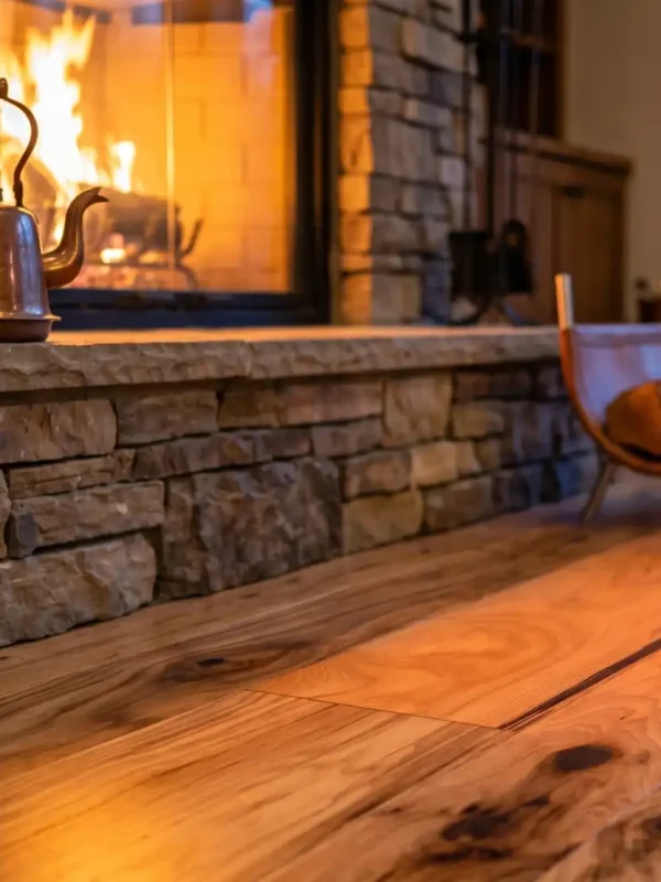 Rustic Hickory flooring glowing by a stone fireplace, highlighting dynamic grain patterns and bold sound knots.