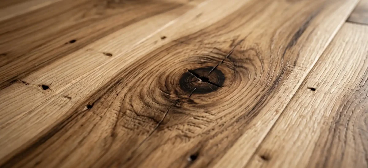 Close-up of country plank solid Hickory flooring highlighting the natural character of the floor.