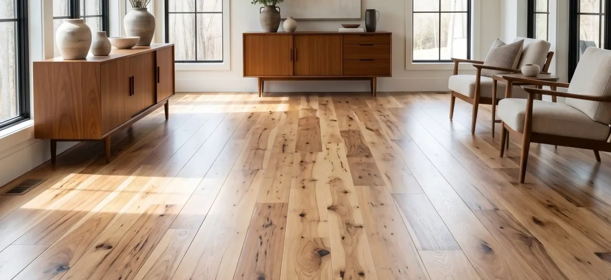 Character-grade hickory solid hardwood flooring in a bright modern space, showcasing light sapwood, dark heartwood, and rich mineral streaks.