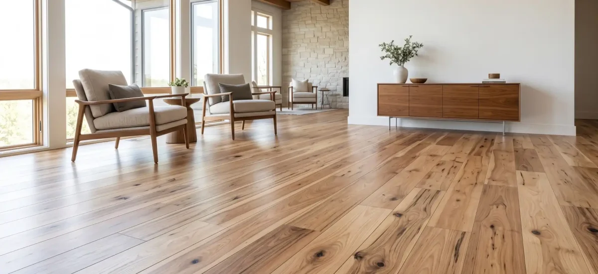 Rustic hickory flooring showcasing dramatic color variations, rich mineral streaks, and bold knots.