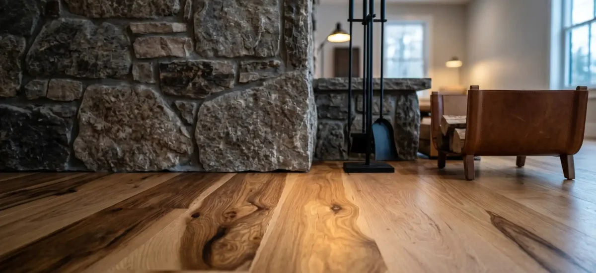 Rustic Hickory flooring meeting a massive stone fireplace, highlighting wide planks and rich mineral streaks.