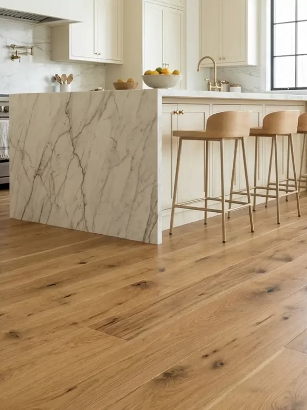A perspective view of wide-plank Appalachian white oak flooring, showcasing the distinctive character that makes it a premium domestic alternative to French oak flooring