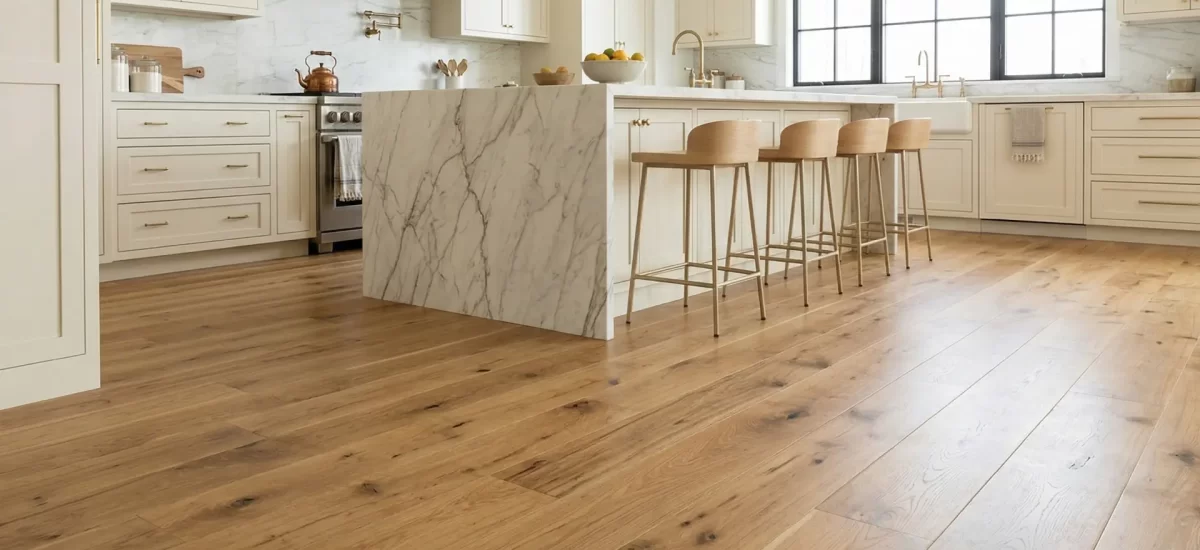 A perspective view of wide-plank Appalachian white oak flooring, showcasing the distinctive character that makes it a premium domestic alternative to French oak flooring