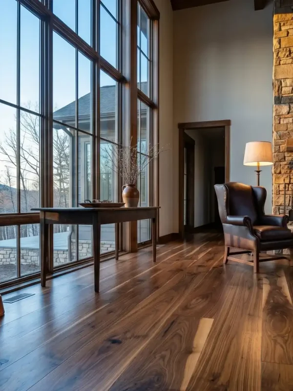 Wide plank Rustic Walnut flooring anchoring a large mountain lodge living room with a fieldstone fireplace and views.