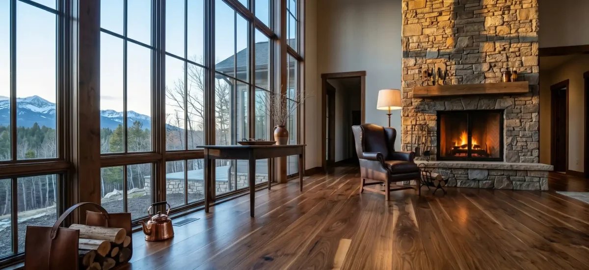Wide plank Rustic Walnut flooring anchoring a large mountain lodge living room with a fieldstone fireplace and views.