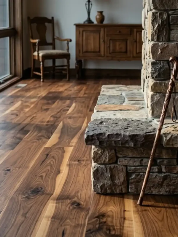 Rustic-grade wide plank walnut flooring in a mountain modern living room, meeting a massive fieldstone fireplace hearth.