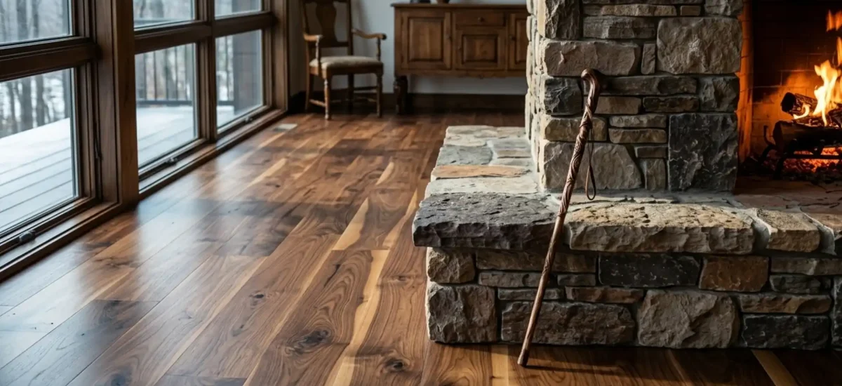 Rustic-grade wide plank walnut flooring in a mountain modern living room, meeting a massive fieldstone fireplace hearth.