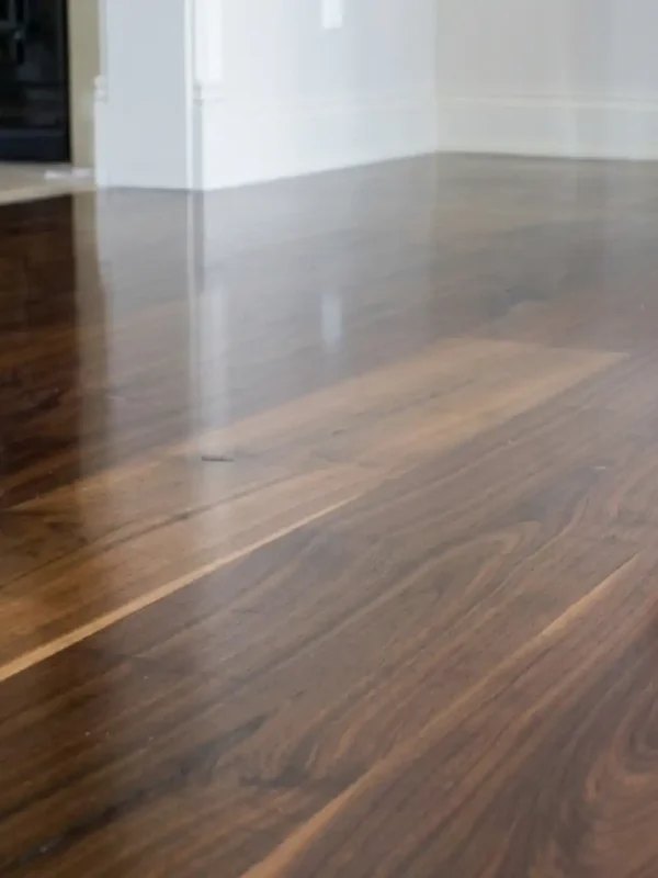 Character-grade wide plank walnut flooring highlighting rich dark grain and high-contrast sapwood accents.
