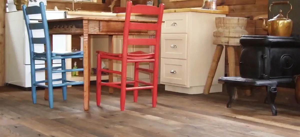 Our Antique Vintage Thresher flooring in a cozy cabin.