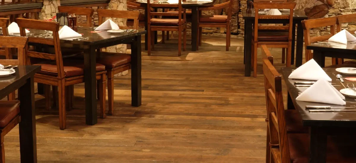 Reclaimed original face oak flooring in a southwest styled restaurant.